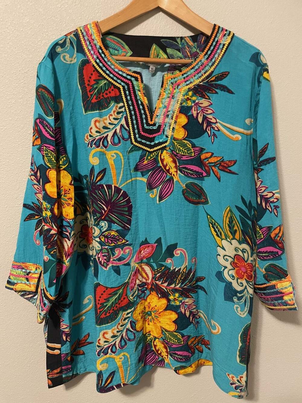 John Mark Tunic Top Womens XL Multicolor Floral Embroidered Tropical Boho Artsy